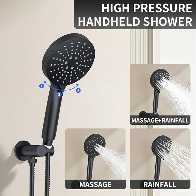 KOJOX Shower System- High Pressure Shower Head- 3 Setting Headheld Shower Head Fixtures- Shower Valve Included (Matte Black)