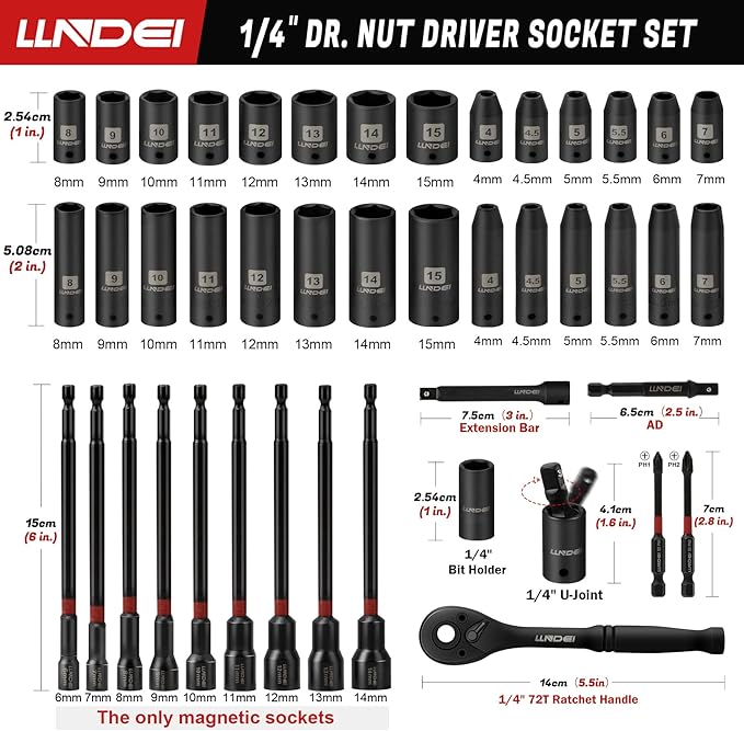 LLNDEI 1/4" Drive Socket Set & Nut Driver Set 44PCS, 1/4-Inch Sockets Deep&Shallow Metric(4-15mm) with Ratchet, 1/4" Hex Shank 6" Long Nut Drivers(6-14mm) for Impact Drill Bits(PH1 PH2)