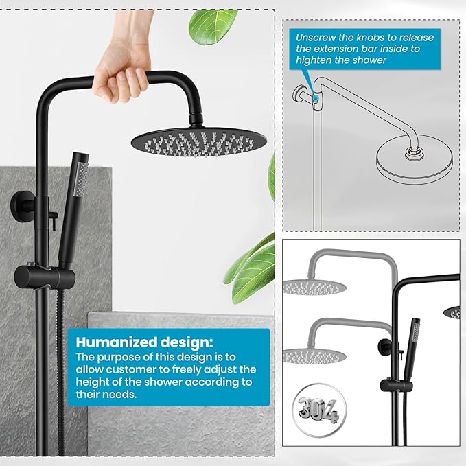 gotonovo Outdoor Shower Fixtures SUS304 Stainless Steel Rain Shower Kit Faucet High Pressure Wall Mount 2 Dual Function 8 Inch Showerhead and Handheld Spray Combo, Double Lever Handle, Matte Black