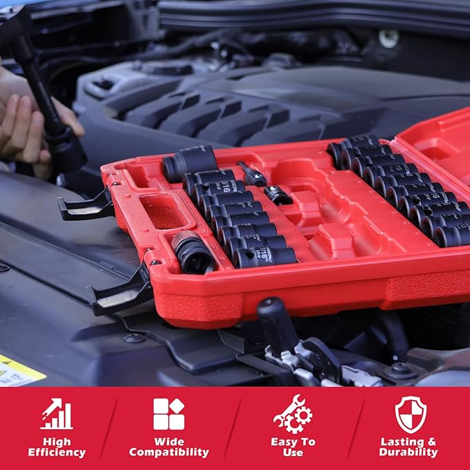 1/2" Drive Socket Wrench Set: 25-Piece SAE & Metric Impact Socket Ratchet Wrench Tool Set Socket Assortment with Storage Box for Repair Mechanic Garage