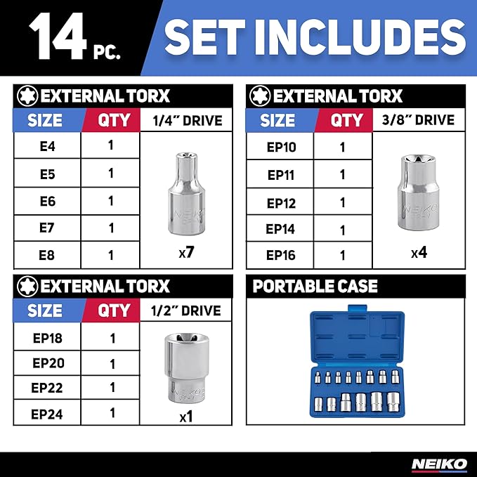 NEIKO 04300A E-Torx Socket Set, 14 Piece, External Torx, E4 to E24, 1/4", 3/8" and 1/2" Drive, Female Star, Inverted Socket Set, Cr-V Steel