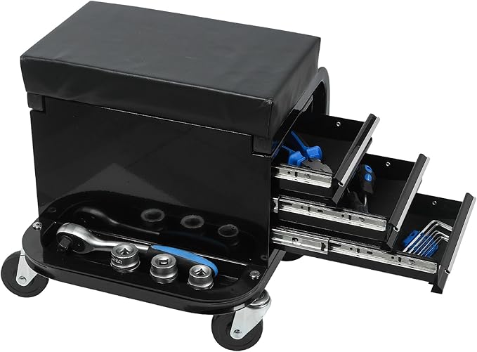 Rolling Stool 3 Drawers Mechanic Creeper Steel Frame Shop Stools with Wheels, Ball-Bearing Slides, Back Storage Tank, Tool Box for Garage Workshop, Black