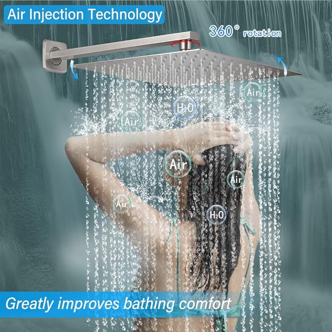 Shower Faucet Set Complete, Wall Mount Shower System for Bathroom 12 Inch High-Pressure Rainfall Shower with Handheld, Rough-in Valve Body and Trim Kit, Brushed Nickel