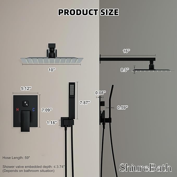 10 Inch Shower Faucet Set, Rainfall Shower System with Square Fixed Shower Head and High Pressure Handheld Shower Head, Spray Wall Mounted Rainfall Shower Fixtures, Matte Black