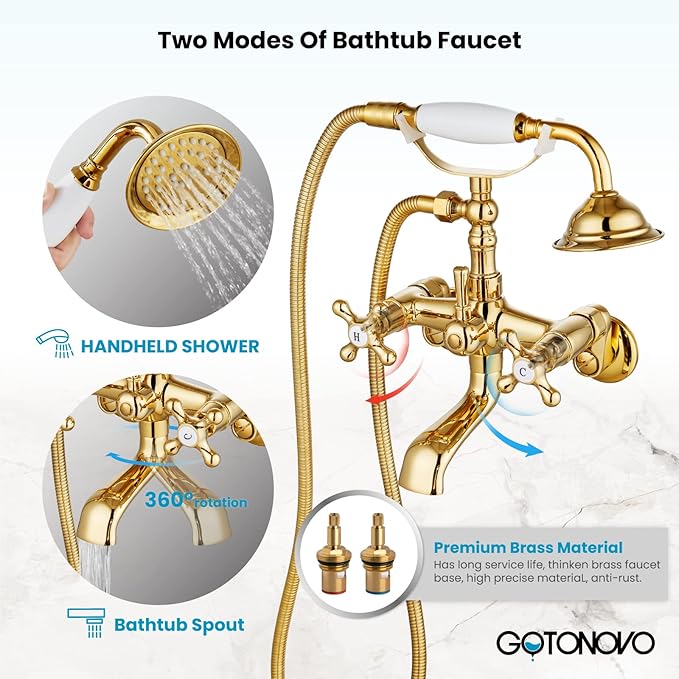 gotonovo Clawfoot Bathtub Faucet Tub Filler with Hand Held Shower Faucet Set Victorian Double Cross Handle 6 Inch Center Adjustable Swing Arms Tub Mount Short Adapter Polished Gold