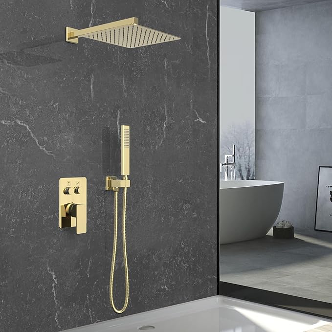 Iriber Brushed Gold Shower System Wall Mount with 12 Inch Rain Shower Head and Handheld Bathroom Champagne Bronze Shower Set Contain Shower Faucet Mixer Trim Kit (Valve Included)