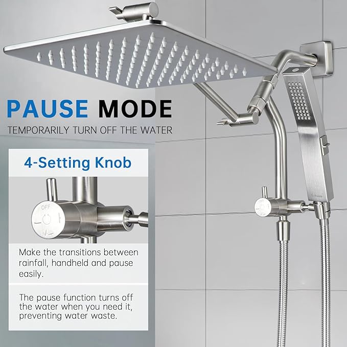 G-Promise All Metal 12 Inches Rain Shower Head with Handheld Built-in Power Wash Mode, 3-way Diverter with Pause Setting, 11 Inches Adjustable Extension Arm with Lock Joint, Long Hose (Brushed Nickel)