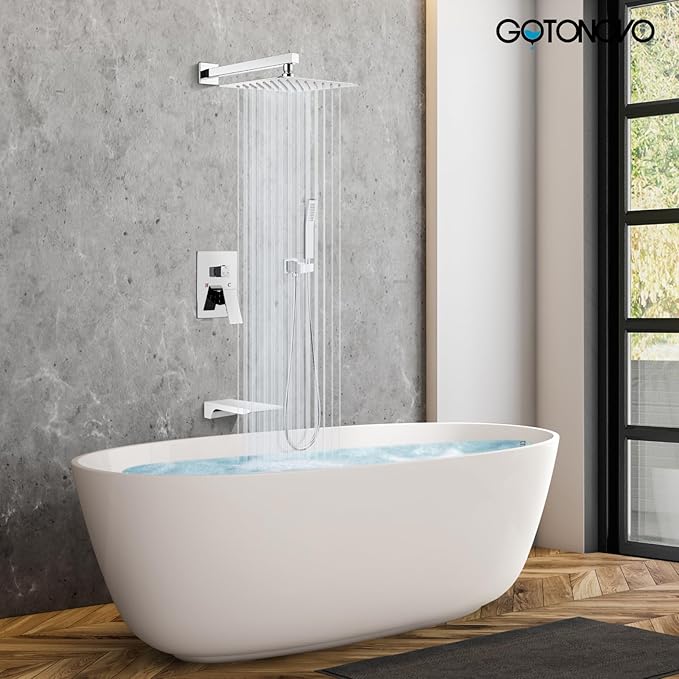 gotonovo Shower System with Tub Spout,Waterfall Tub Shower Faucet Set for Bathroom Head and Handle Set Wall Mounted 3 Function Rough-in Valve and Trim Included 10 inch Shower Head Polished Chrome