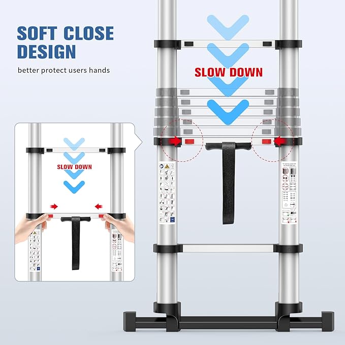 12.5FT Heavy-Duty Telescoping Ladder, 330lb Capacity Aluminum Extension Ladder with Anti-Slip Steps for Secure Attic Access, Roof, and Home Renovation Projects