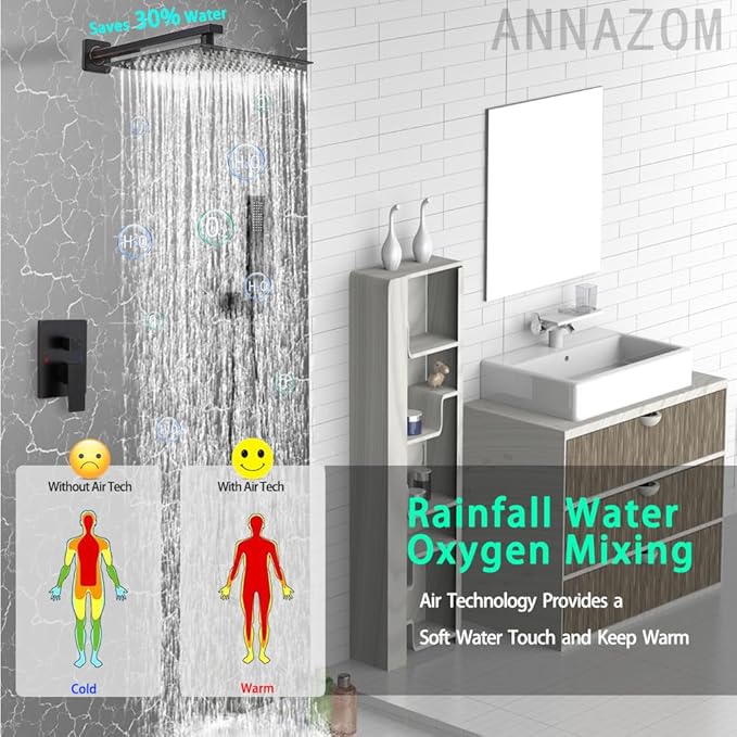 Oil Rubbed Bronze rain Shower Faucet Set Shower System 12 Inches Square Shower Head with Handheld, Waterfall Showerhead, All Metal Shower Faucet Trim Repair Kits (Contain Shower Valve)