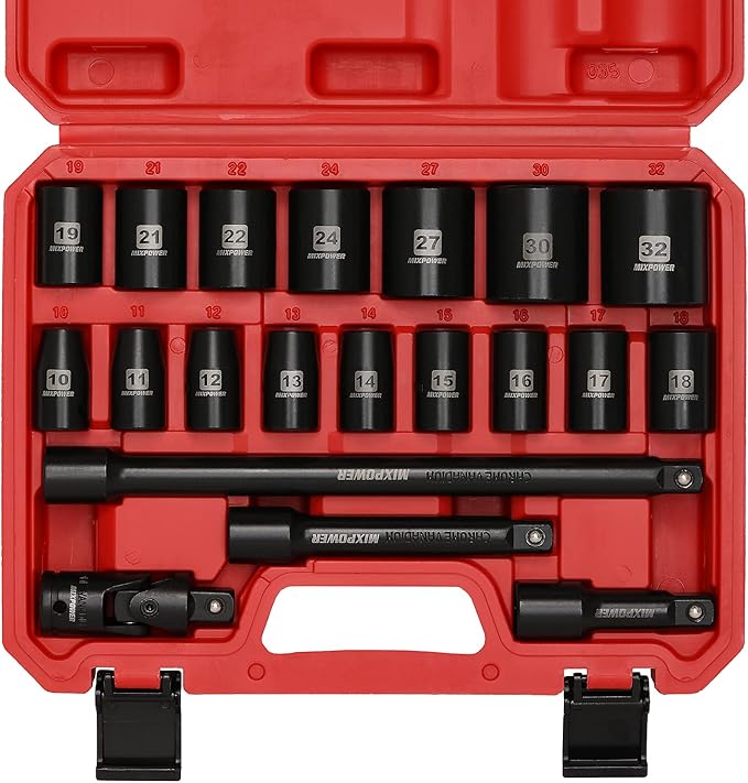 MIXPOWER 1/2-Inch Drive Shallow Impact Socket Set Metric Size 10mm-32mm CR-V 6-Point Mechanic and Repair Project 20-Piece 1/2" Shallow Sockets Set with Extension Bar and Universal Joints