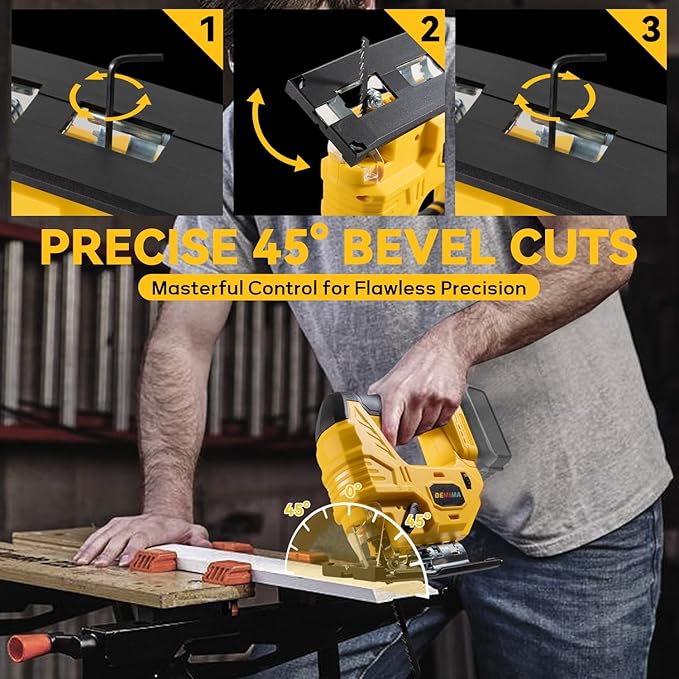 Cordless Jig Saw for De-Walt 20V Battery, 7 Speed Variable Up to 3200RPM, LED Light, 45° Bevel Cuts, 3 Orbital Motions, with Jig Saw Blade for Straight/Curve/Circle Cutting(Battery Not Include)