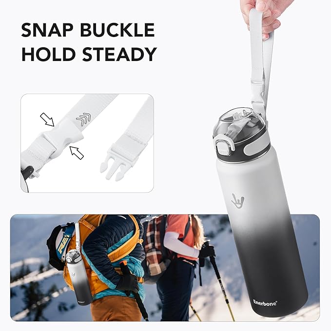 Enerbone Insulated Water Bottle, 32 oz Stainless Steel Water Bottles with Carrying Strap, Double-Wall Vacuum Insulation Thermos, Leakproof Sports Bottle with Straw, Keep Drinks Hot or Cold for Hours