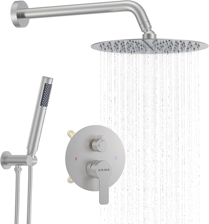 12-Inch Brushed Nickel Shower System: Ultimate High-Pressure Experience with Rainfall & Handheld Heads, Wall-Mounted Mixer, Rough-In Valve, & Trim Kit