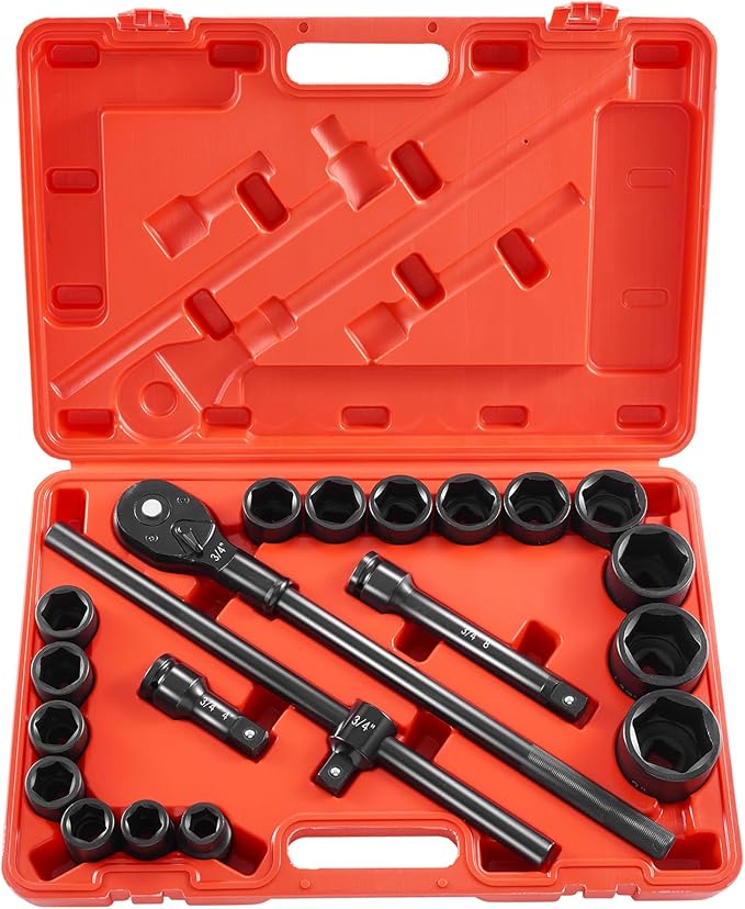 VEVOR 3/4 in Drive Impact Socket Set, 21 Pieces SAE 3/4 in to 2 in, 6 Point Cr-V Alloy Steel for Auto Repair, Easy-to-Read Size Markings, Includes Extension Bars, Ratchet Handle and Storage Case