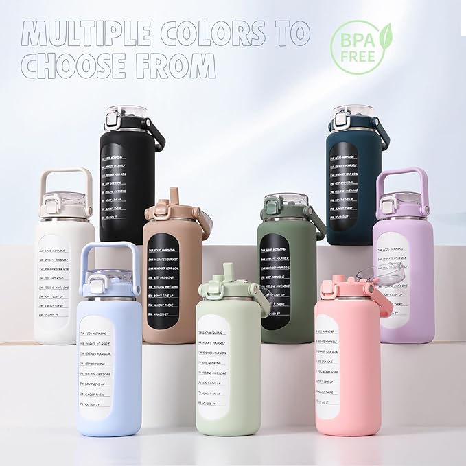 BLUEGO 64oz Insulated Water Bottle with Straw and Handle Leakproof Half Gallon Wide Mouth Motivational Water Bottle, 2-IN-1 Straw Spout Lid Stainless Steel Water Jug for Sport Travel Gym-White