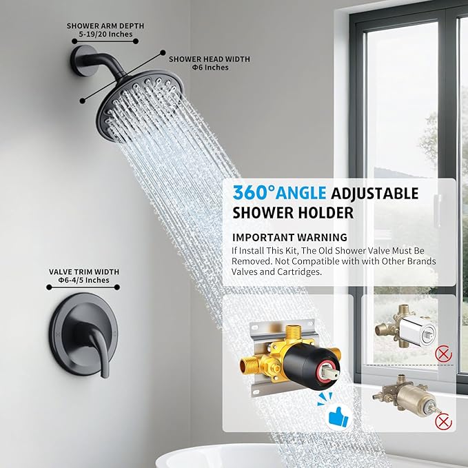 EMBATHER Shower Faucet with Valve, Single Handle Control Shower Valve and Trim Kit, Bathroom Rainfall Shower System with 6 Inch Shower Head, Matte Black