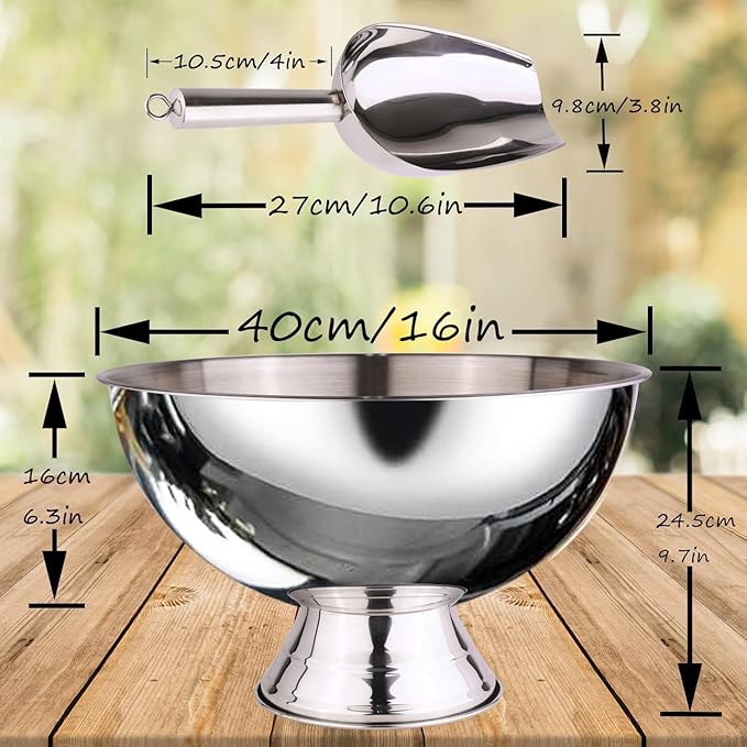 Large Ice Bucket 13L Stainless Steel Champagne Bowl Ice Bucket with Ice Scoop Semicircle Drink Tub with Integrated Base Silver Beverage Tub for Parties, Cocktail Bar, Chilling Wine,2Packs (1 pack)