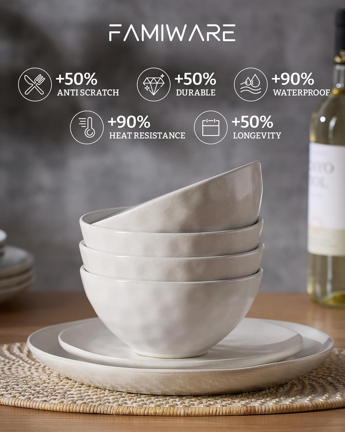 Famiware Dinnerware Sets for 4, Ocean Round 12-Piece Kitchen Plates and Bowls Sets, Microwave and Dishwasher Safe, Scratch Resistant, Matte White