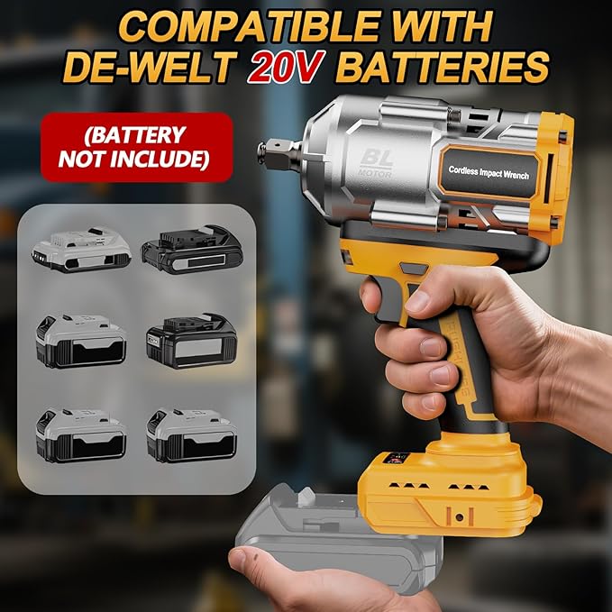 Cordless Impact Wrench 1/2 Inch for De-Walt 20V Battery, 1200N.m High Torque Brushless Electric Impact Gun, 3-Speed, 5 Sockets, Power Impact Driver for Car Tires, Auto Repair(No Battery)