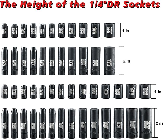 AOBEN 1/4-Inch Drive Impact Socket Set, 54 Pieces, 6 Point, SAE/Metric, (5/32" - 9/16" ,4mm -15mm),Deep/Shallow, Cr-V Steel, Includes Extension bars and Socket Adapter