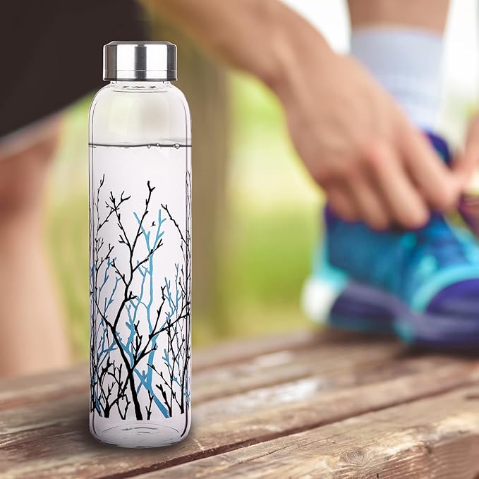 Borosilicate Glass Water Bottle, Sports Glass Drinking Bottle with Neoprene Sleeve and Stainless Steel Lid 16oz / 32oz (16oz, Tree Branches)