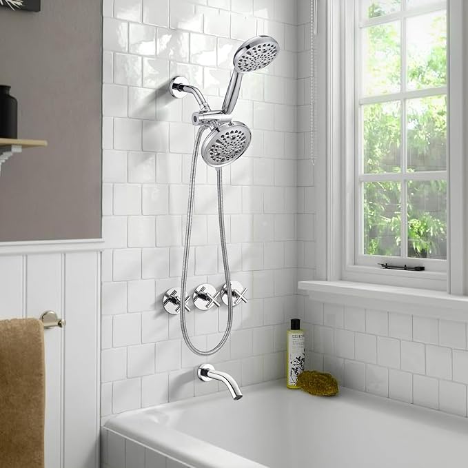 PROOX 3 Handle Tub Shower Faucet Set, Dual shower head Combo with Tub and Shower Trim Kit with Rough-in Valve, Polished Chrome Bathtub Shower Faucets, Wall Mounted Bathroom Rain Shower System