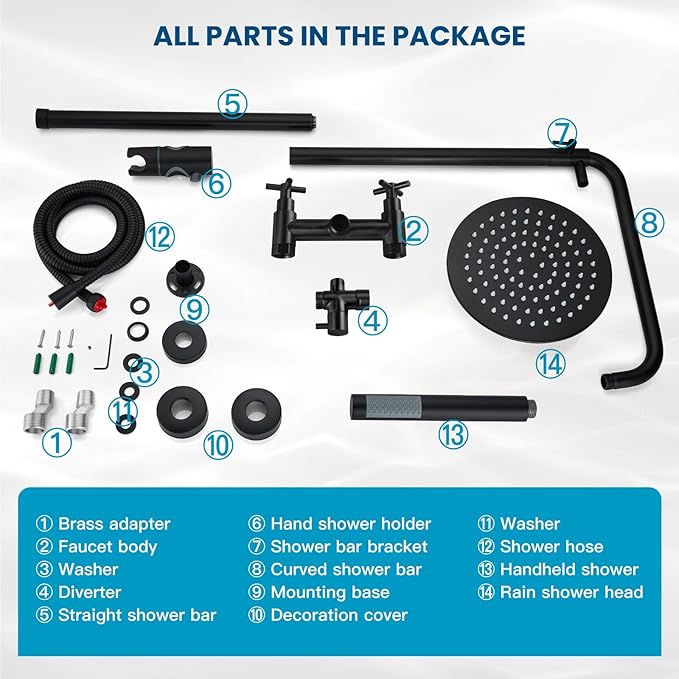 gotonovo Outdoor Shower Fixtures SUS304 Stainless Steel Rain Shower Kit Faucet High Pressure Wall Mount 2 Dual Function 8 Inch Showerhead and Handheld Spray Combo, Double Cross Handle, Matte Black