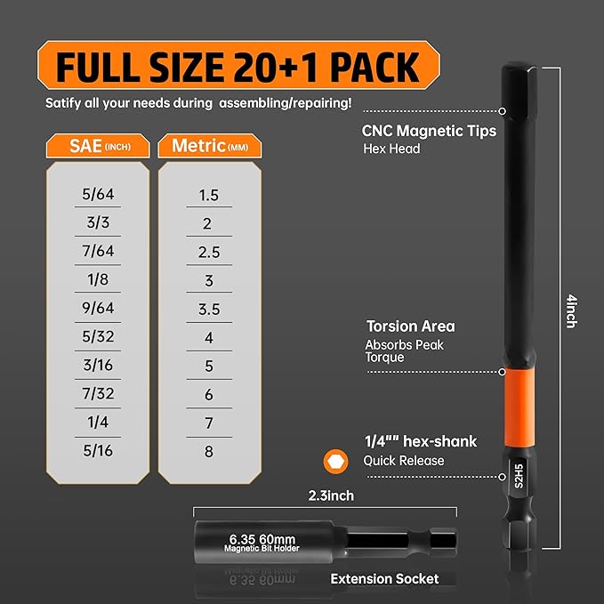 Allen Wrench Drill Bit Set for Impact Drivers - 20 Piece 4" Long Hex Bits (Metric & SAE) with 1/4" Hex Shank, S2 Steel and Magnetism, Heavy-Duty CNC Machined Tips, Extension Socket and Storage Box