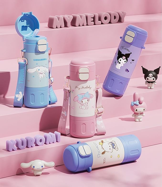 Melody Stainless Steel Insulated Water Bottle with Strap (Spout & Straw) 480ml - Pink