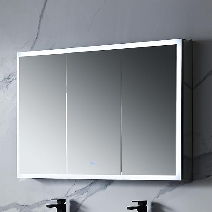 Blossom LED Lighted Mirror Medicine Cabinet, 48x32 Inch | Wall Mounted Recessed or Surface Bathroom LED Medicine Cabinet with Mirror, Makeup Mirror with Lights | Defogger, 3 Color Dimmer