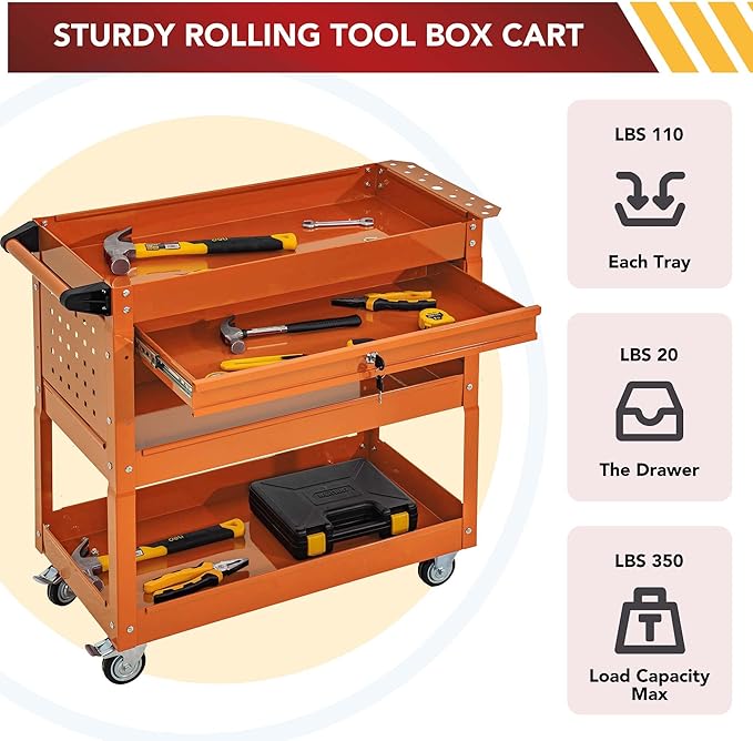 SUN & SUMMER 3-Tier Rolling Tool Cart with Wheels Tool Storage Organizer Chest with Lockable Drawers Tool Box with Adjustable Shelf Utility Cart on Wheels for Workshop Garage Warehouse(Orange)