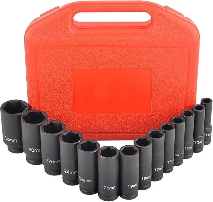 1/2" Drive Deep Impact Socket Set, 14 Piece 6 Point Metric Sizes 11-32mm(11 12 13 14 15 17 18 19 21 22 24 27 30 32mm),Cr-V Steel,Deep Socket Set 1/2 Drive