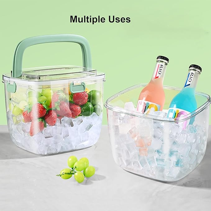 Portable Ice Bucket for Freezer with Lid & Ice Tong for Outdoor Camping, Plastic Clear Refrigerator Ice Cube Storage Bin for Whiskey Wine Cocktail Party, Big Ice Cube Mold Tray for Ice Bath