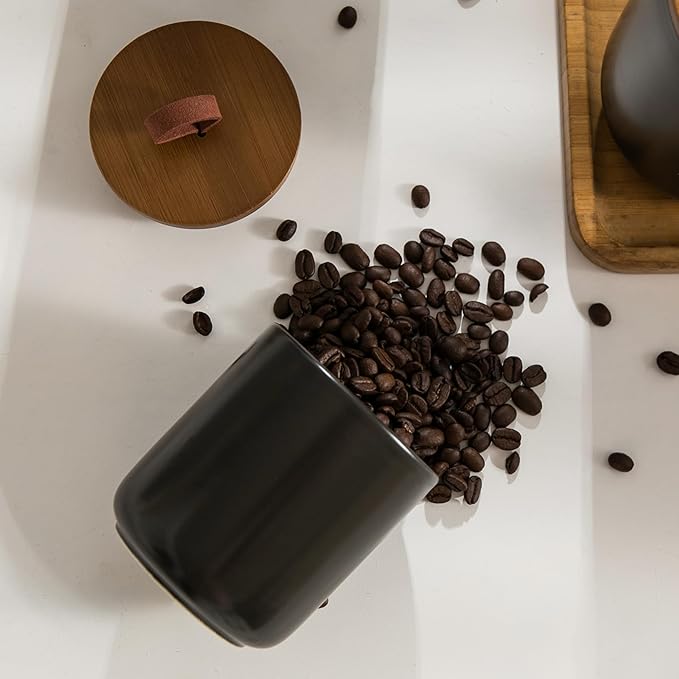 Black Ceramic Canister Set with Wooden Lid, 3-Piece Food Storage Jars for Kitchen Counter, Storage Container for Coffee, Tea, Spice, Sugar, Grains, Salt