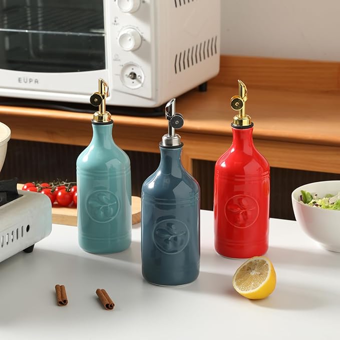 Sweejar 16 Oz Ceramic Olive Oil Dispenser Bottle, Oil Dispenser for Kitchen with Gravity Spout, Relief Opaque Vinegar Container for Evoo, Soy Sauce, 1 Pack(Fog Blue, Silver Spout)