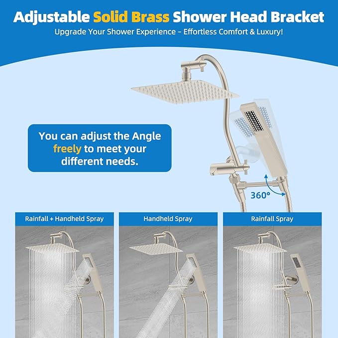 Hibbent All Metal Shower Head, 8'' High Pressure Rainfall Shower Head, Showerhead Combo, Handheld Shower Wand, 12'' Adjustable Curved Extension Arm, 71'' Hose, Shower Head Holder, Brushed Nickel