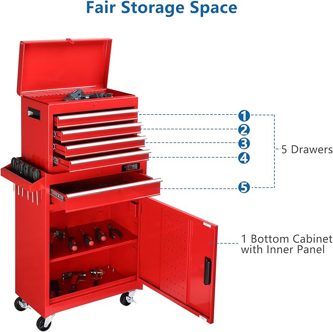TUFFIOM 5-Drawer Rolling Tool Chest, Tool Storage Cabinet w/Drawers, Lockable Wheels, Detachable Top & Adjustable Shelf, Mechanic Tool Organizer Box for Garage, Workshop, Warehouse & Repair Shop