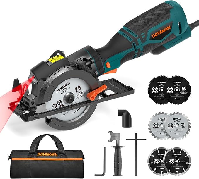 Circular Saw, 5.8A 4-1/2" Circular Saw w/Laser, Metal Auxiliary Handle, 6 Blades (4½", 4¾"), Cutting Depth 1-11/16" (90°), 1-3/8" (45°), Ideal for Wood, Soft Metal, Plastic, Tile - MCS01A