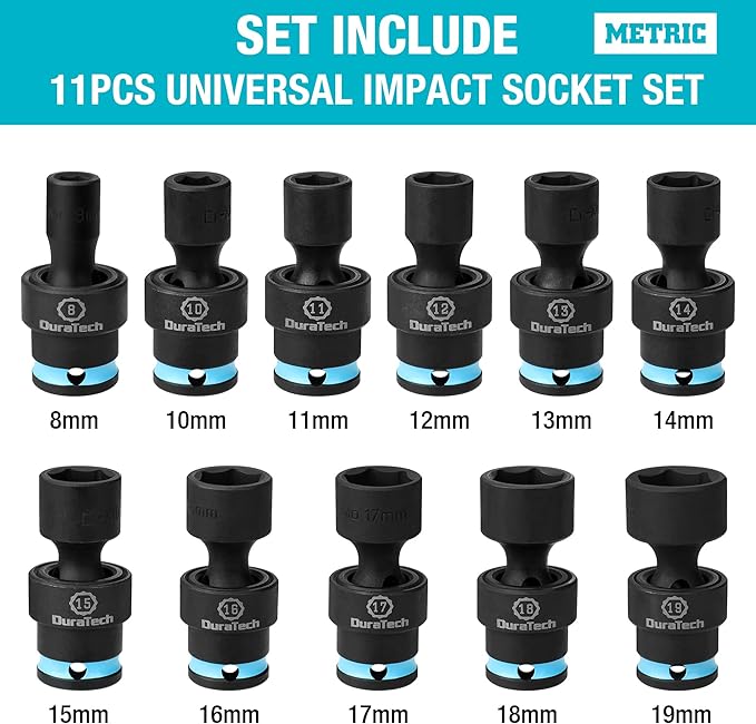 DURATECH 3/8" Drive Impact Swivel Socket Set, 11-Piece Shallow Wobble Socket Set, Metric, Cr-Mo Steel, 6 Points, Organized in Sturdy Storage Case(8-19mm)