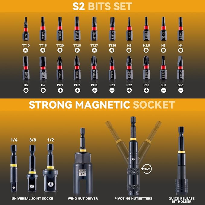 Impact Magnetic Nut Driver Set, 55PCS Impact Driver Bit Set, Deep Magnetic Nut Driver Set, Impact Socket Adapters, Wing Nut Driver, Bit Extension, 1/4'' Quick Change, Storage Box