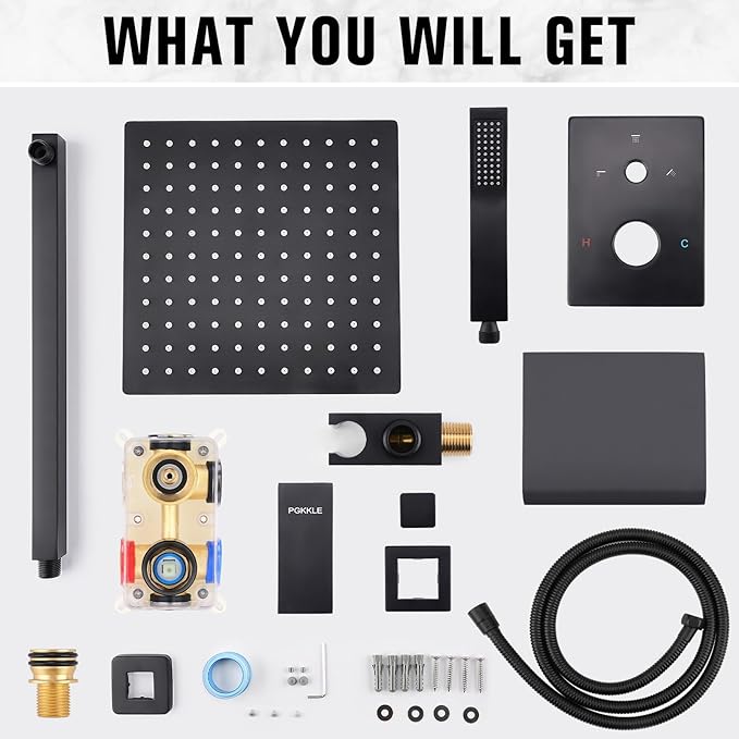 10 Inch Rainfall Shower System with Tub Spout Wall Mounted Complete Combo with Solid Brass Pressure Balancing Valve, High Pressure Shower Head, Handle Set & Installation Accessories Matte Black