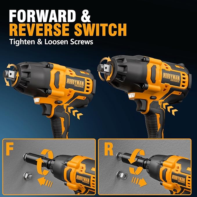 Alloyman 1/2 inch Impact Wrench Cordless, (750 N.m) 555 Ft-lbs Hight Torque Wrench,20V Power Impact Driver, Brushless Motor 2000 RPM, 2x 4.0AH Li-ion Battery,Charger,6 Sockets,3 Extension Bars