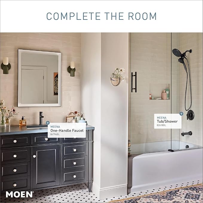 Moen Meena Matte Black Single Handle Modern Shower Faucet Set with Handshower and Tub Spout for Bathtub, Valve Included, 82618BL