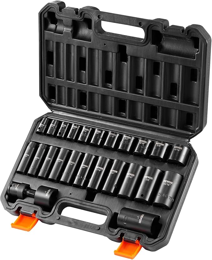 VEVOR 3/8" Drive Impact Socket Set, 25 Piece Deep & Shallow Socket Set SAE 5/16" - 1", 6 Point Cr-Mo Alloy Steel for Auto Repair, Easy-to-Read Size Markings, Rugged Construction, Includes Storage Case