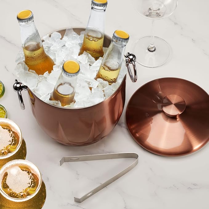Ice Bucket with Lid, Double Wall Stainless Steel insulated ice bucket, Champagne Bucket, Wine Bucket for parties, cocktail bar, Copper, 3L