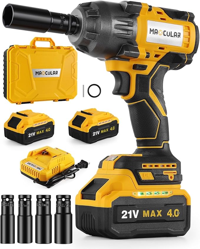 Cordless Impact Wrench 627Ft-lbs (850N.m) High Torque,1/2 inch Impact Wrench,2400 RPM Brushless Power Impact Gun with 2x 4.0 Ah Battery,Electric Impact Driver for Car Home