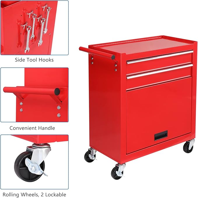 TUFFIOM 8-Drawer Rolling Tool Chest, Tool Storage Cabinet w/Lockable Wheels, Detachable Top, Drawers & Side Hooks, Mechanic Tool Organizer Box for Garage Warehouse Repair Shop