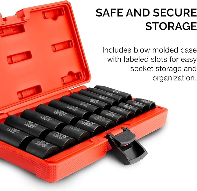 NEIKO 02434A 3/8-Inch-Drive Standard and Deep Impact Socket Set, 6-Point SAE Sizes from 5/16" to 7/8", CrV Steel, 20 Pieces