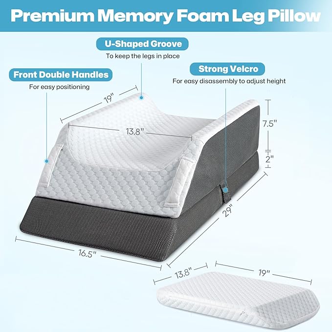 GOHOME Double Leg Support Elevation Pillow with Dual Handles, Support Orthopedic Leg Pillow with Memory Foam, Bed Wedge Pillows for After Surgery, Ankle, Knee Injury, Foot Rest, Swelling